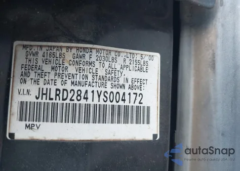 2000 Honda Cr-V Lx из США, поврежденный, VIN JHLRD2841YS004172